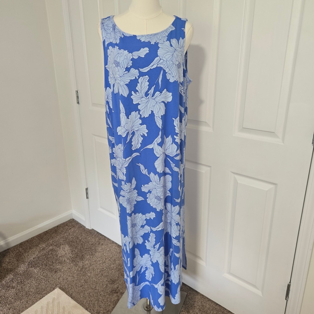 J. Jill Wearever Maxi Dress Womens L Petite Blue Floral Sleeveless KDR314922